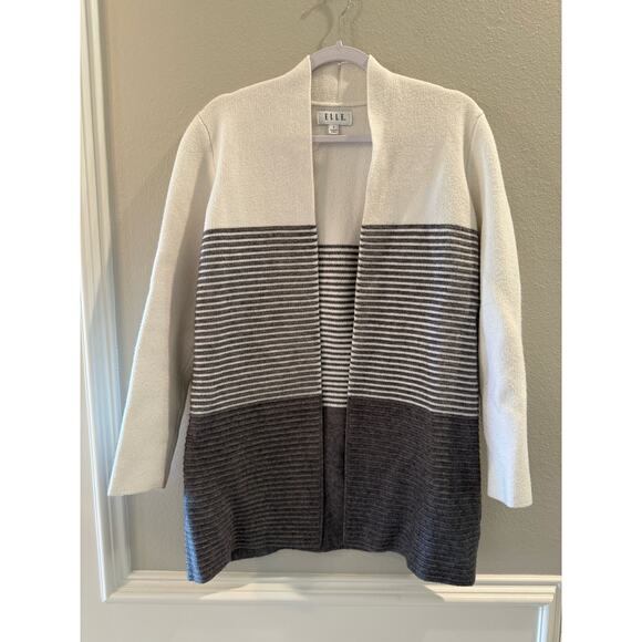 ELLE Womens Grey White Thick Striped Cardigan Sweater Size Small - Picture 1 of 5